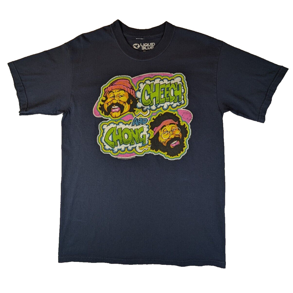 Cheech and Chong Shirt Mens Medium Navy Liquid Blue Graphic Tee Cotton